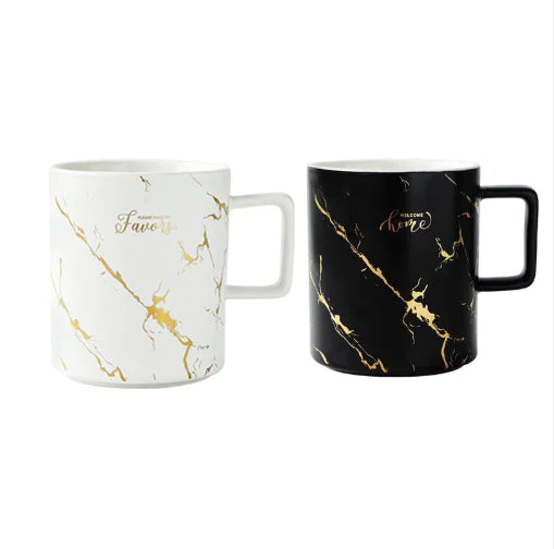 Marble Pattern Couple Mug Set with Gold Accents