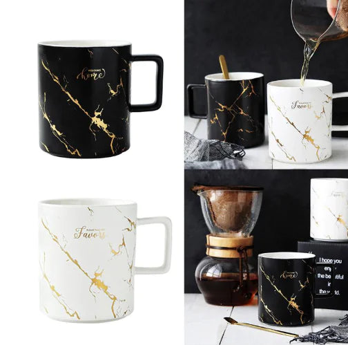 Marble Pattern Couple Mug Set with Gold Accents