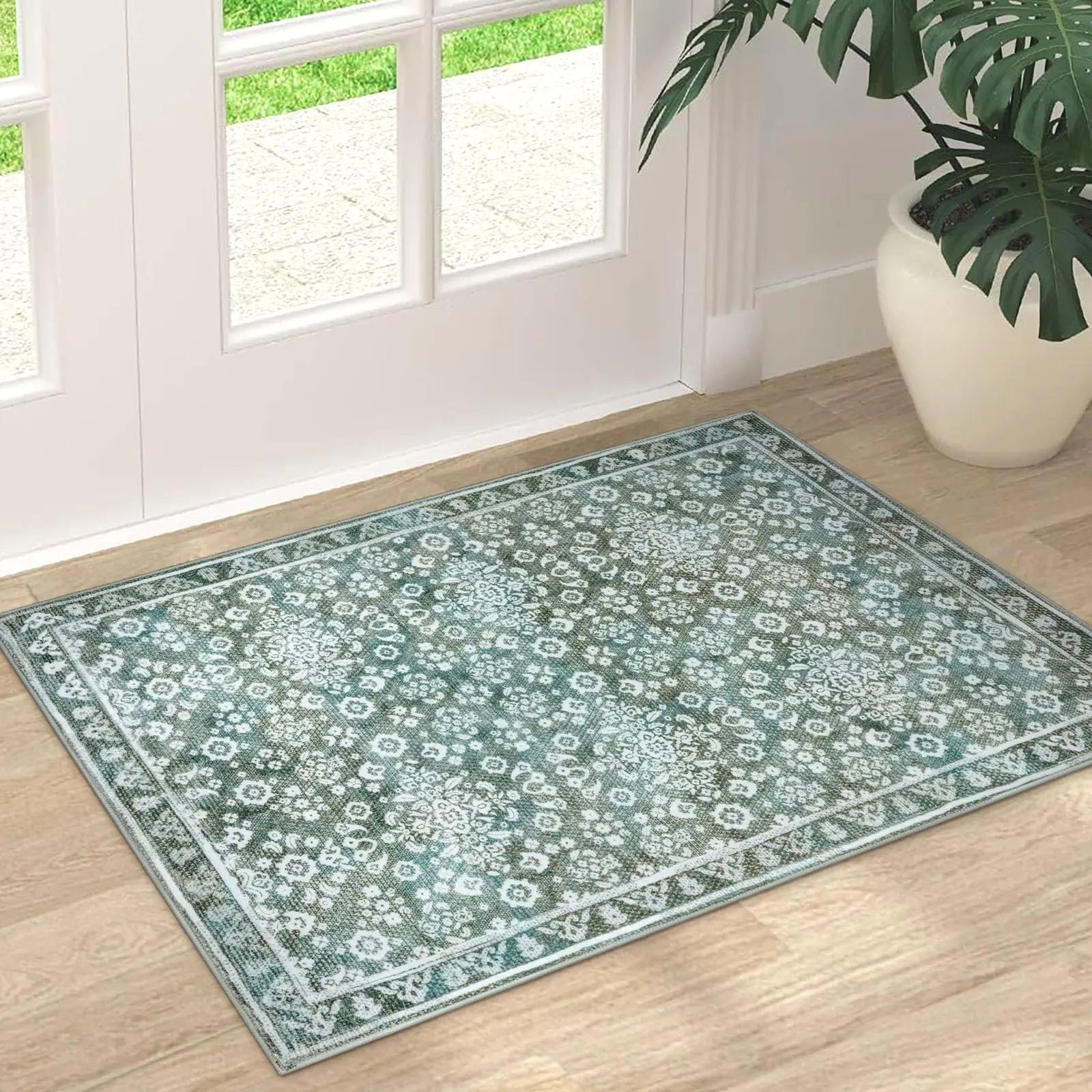 SILOLOOM Vintage Washable Rug 2x3 Sage Beige Small Area Rugs for Entryway Floral Super Soft Kitchen Rugs Low-Pile Throw Rugs Indoor Door Mat Thin Print Faux Wool Farmhouse Carpet for Entry Office
