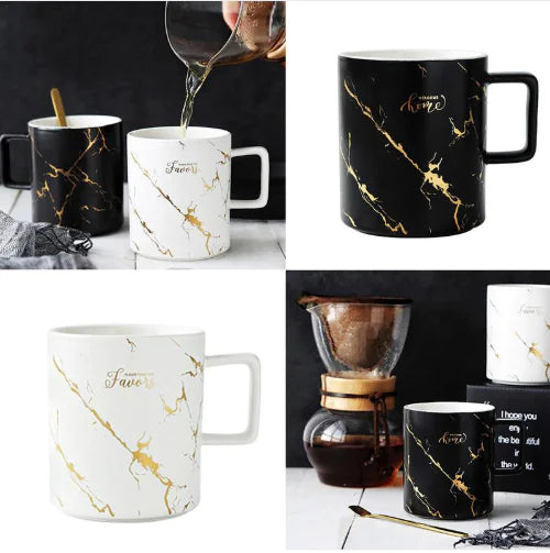 Marble Pattern Couple Mug Set with Gold Accents