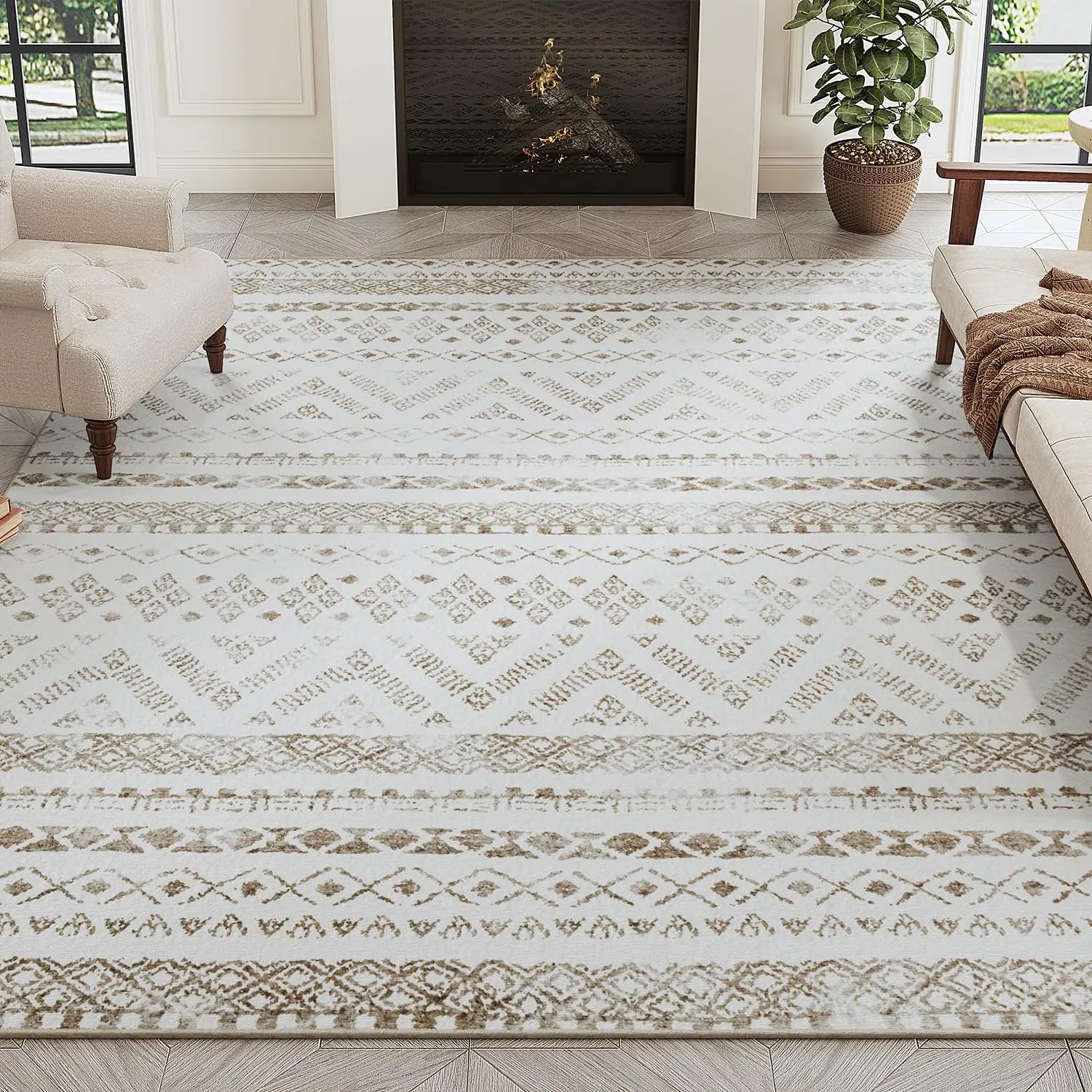 PADOOR 8x10 Rugs for Living Room Non Slip Neutral Machine Washable Rugs Neutral Area-Rugs 8x10 Modern Ultra Thin Carpet for Bedroom Dining Room No Shedding Office Rug Brown Rug
