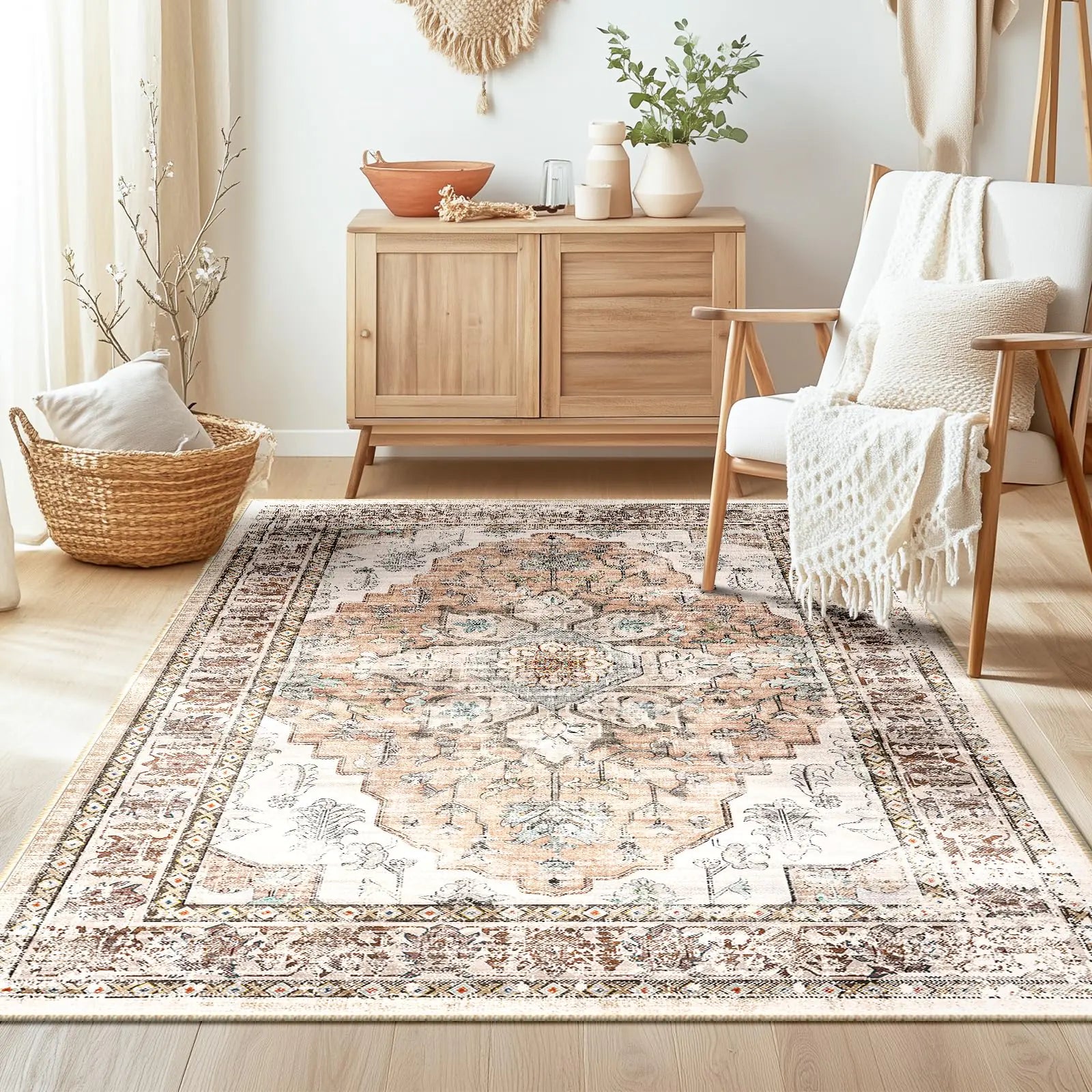 BESTSWEETIE 3x5 Entryway Rug 3 x 5 Boho Rugs Washable Rugs Non Slip Vintage Kitchen Rugs Carpet Door Mat for Indoor Entrance Distressed Floral Pattern Orange Pink Brown Earth Tones