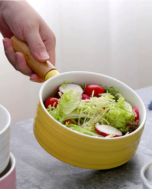 Ceramic Noodle Pot with Wooden Handle and Salad Bowl